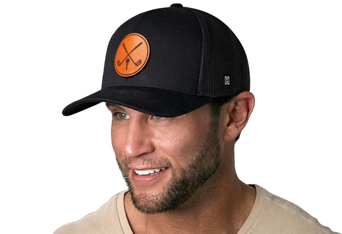 Crossed Clubs Trucker Hat | Leather Golf Snapback