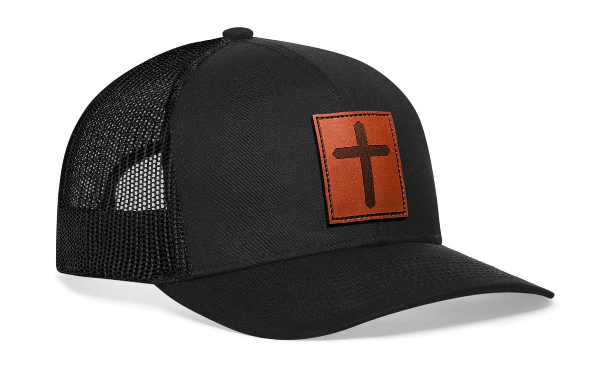 Rectangle Cross Trucker Hat | Leather Christian Snapback