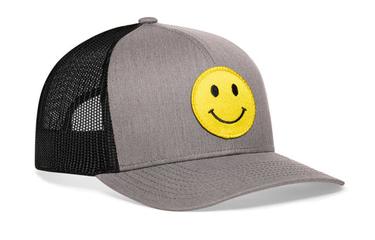 Smiley Face Trucker Hat | Gray-Black Emoji Snapback