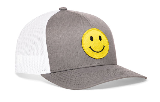 Smiley Face Trucker Hat | Gray-White Emoji Snapback