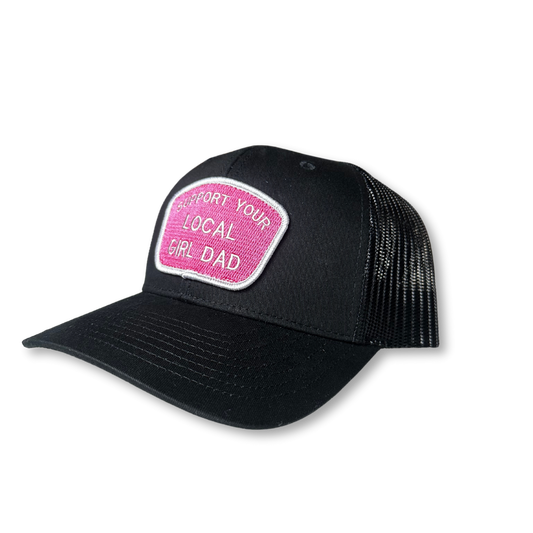Support Your Local Girl Dad CURVED Bill Patch Hat (Solid Black/Pink Patch)