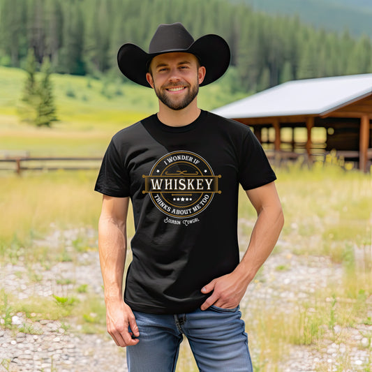 I Wonder if Whiskey Thinks About Me Too Graphic Tee - Bourbon Cowgirl