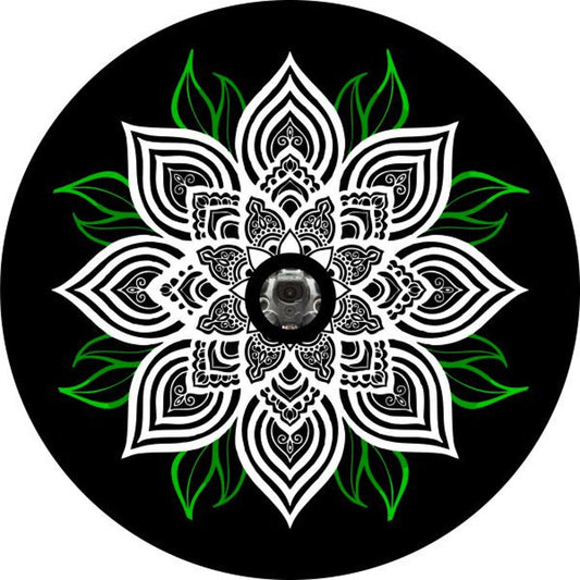 White Mandala Flower with Green Leaves