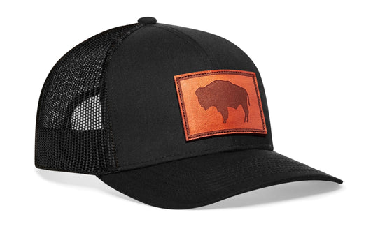 Wyoming Flag Trucker Hat Leather | Black WY Snapback