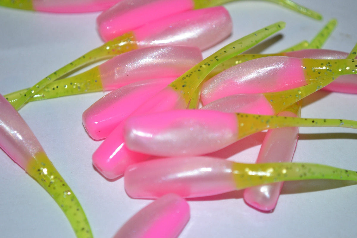 Cam's 2" Stinger Shad 35pc Pink and White w/ Chartreuse Tail Grubs Crappie Soft Jigs