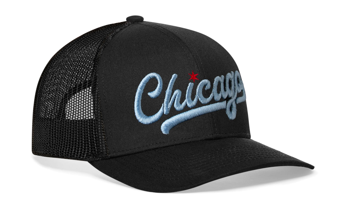 Chicago Light Blue Script Trucker Hat | Illinois Snapback