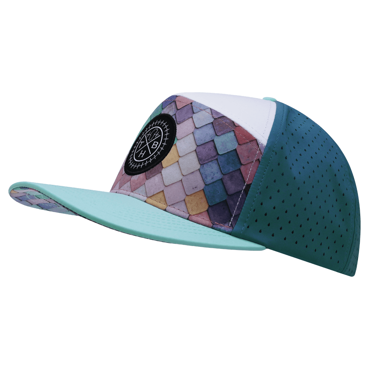 Color Vibes Hat - Flat Bill - Mosaic Scales - Mint / White / Slate Blue - Laser Mesh