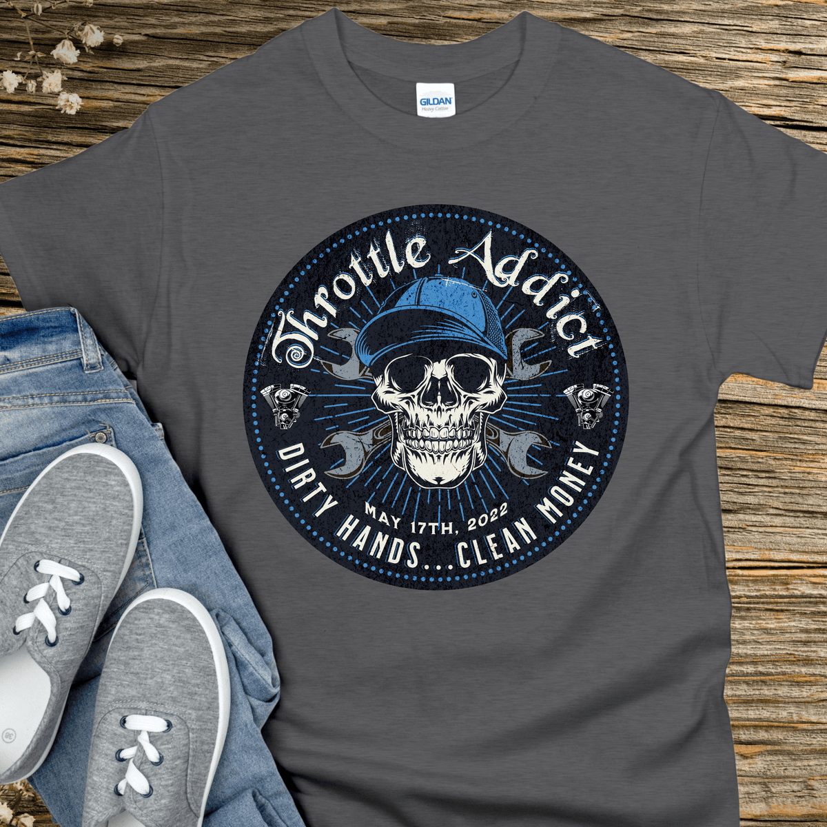 Custom Recovery T-Shirt | Inspiring Sobriety | Throttle Addict, - Dirty Hands, Clean Money