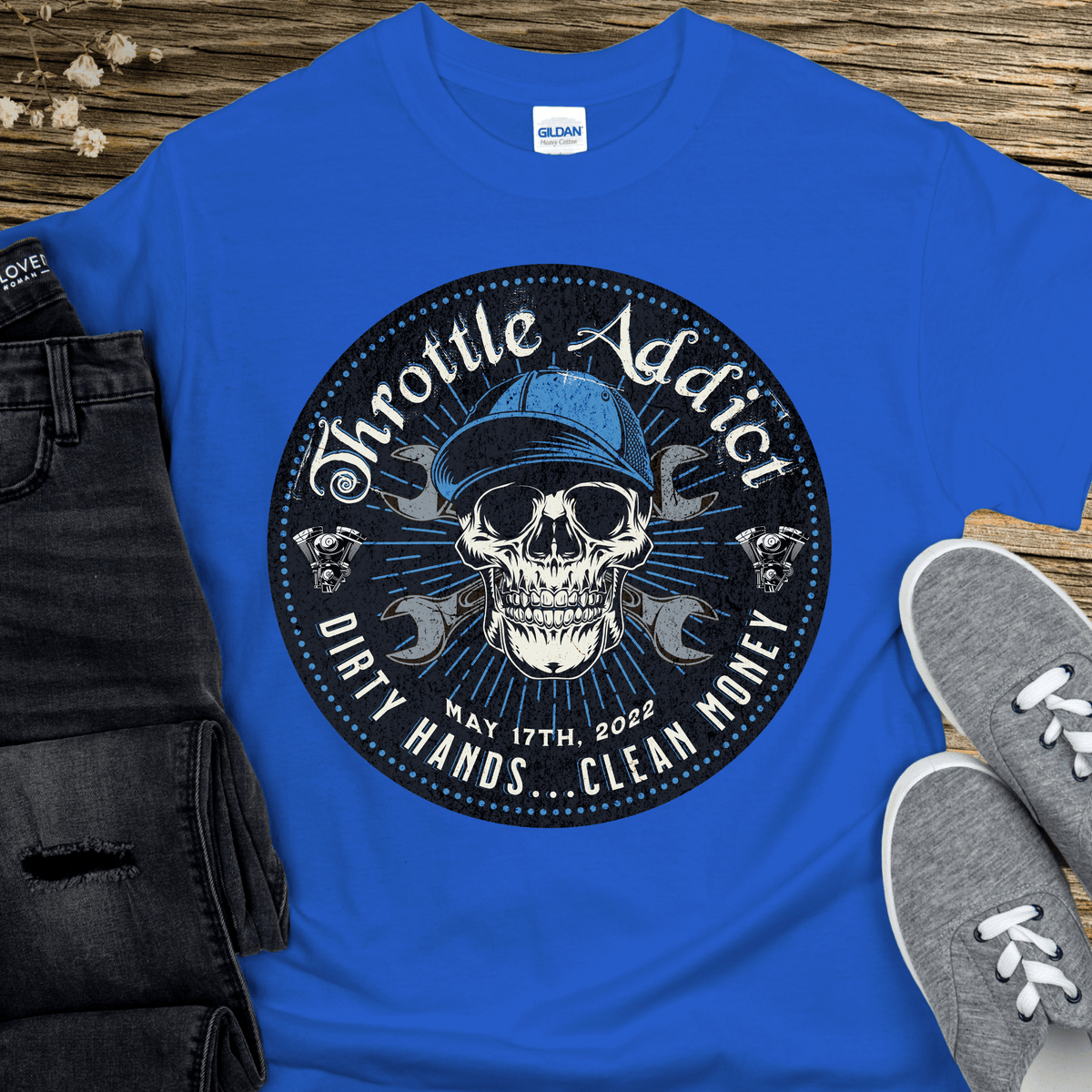 Custom Recovery T-Shirt | Inspiring Sobriety | Throttle Addict, - Dirty Hands, Clean Money