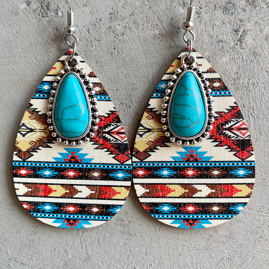 Turquoise Teardrop Shape Wooden Dangle Earrings - 3 Styles