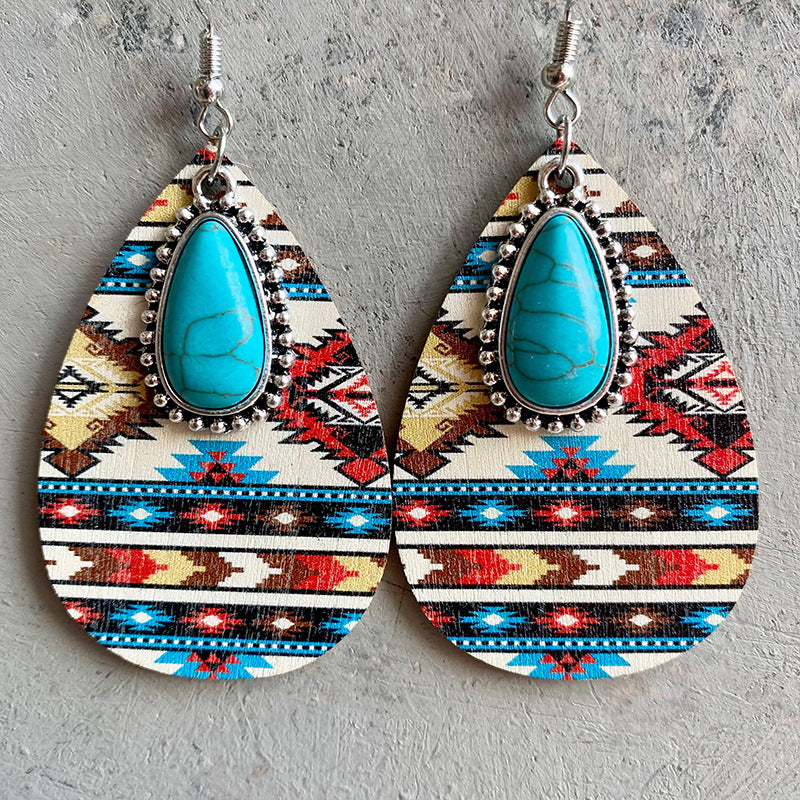 Turquoise Teardrop Shape Wooden Dangle Earrings - 3 Styles