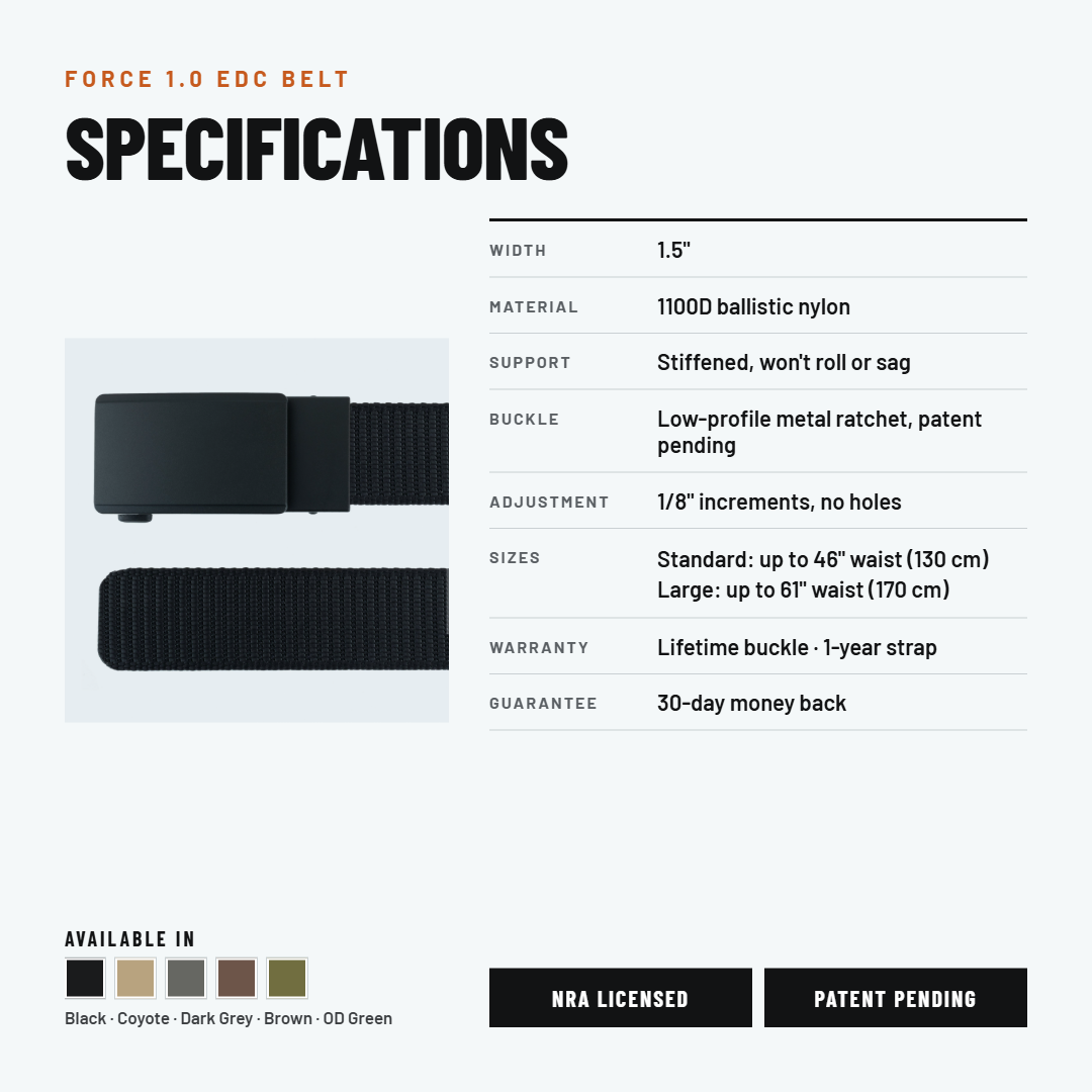 Force 1.0 EDC Belt 1.5" Width Ballistic Nylon for Everyday Carry