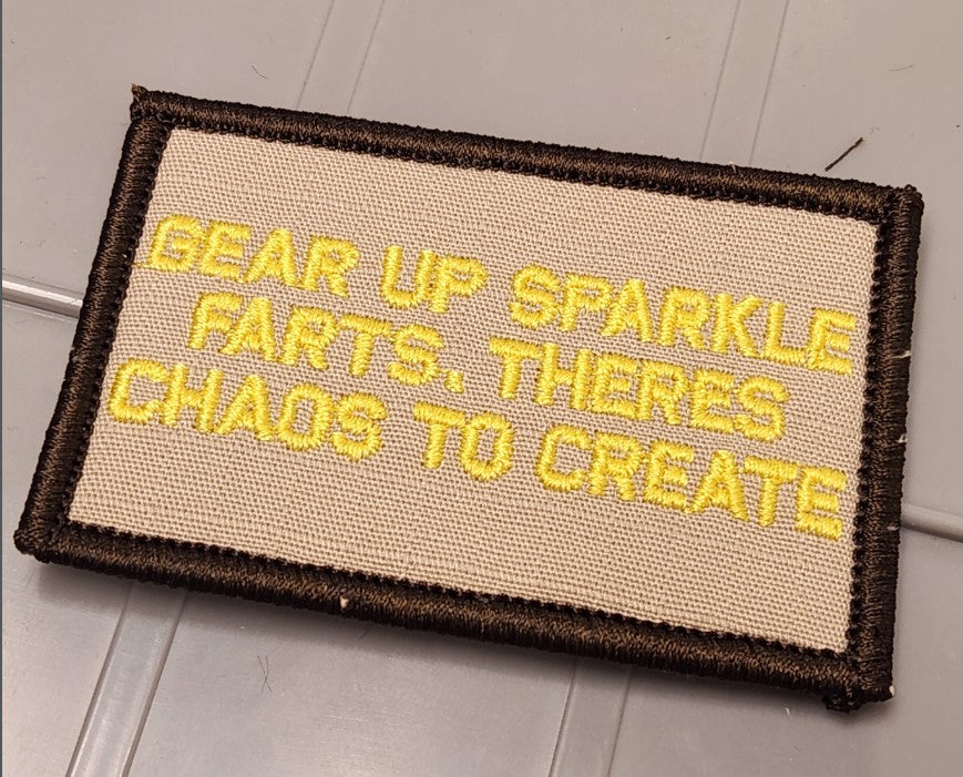 ASOS - Gear Up Sparkle Farts, Theres Chaos To Create - 2x3 Patch - Desert Tan w/Gold