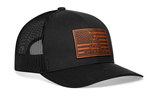 Dont Tread on Me American Flag Trucker Hat | Black Gadsden Leather Snapback