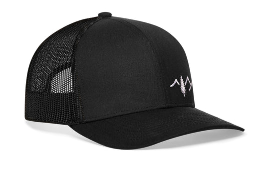 Pine Tree with Mountains Trucker Hat | Black Outdoors Snapback