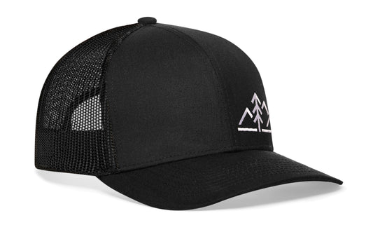 Mountains with Pine Tree Trucker Hat | Black Outdoors Snapback