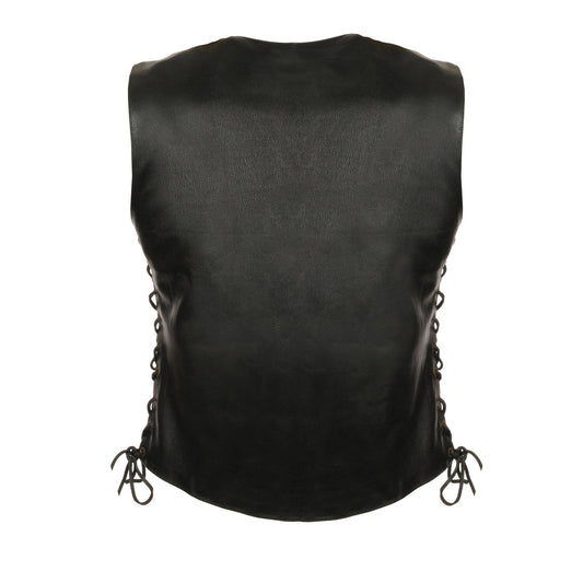 Milwaukee Leather LKL4700 Women's Black Premium Leather Side Laced Motorcycle Biker Riders Vest w/ Snap Closure