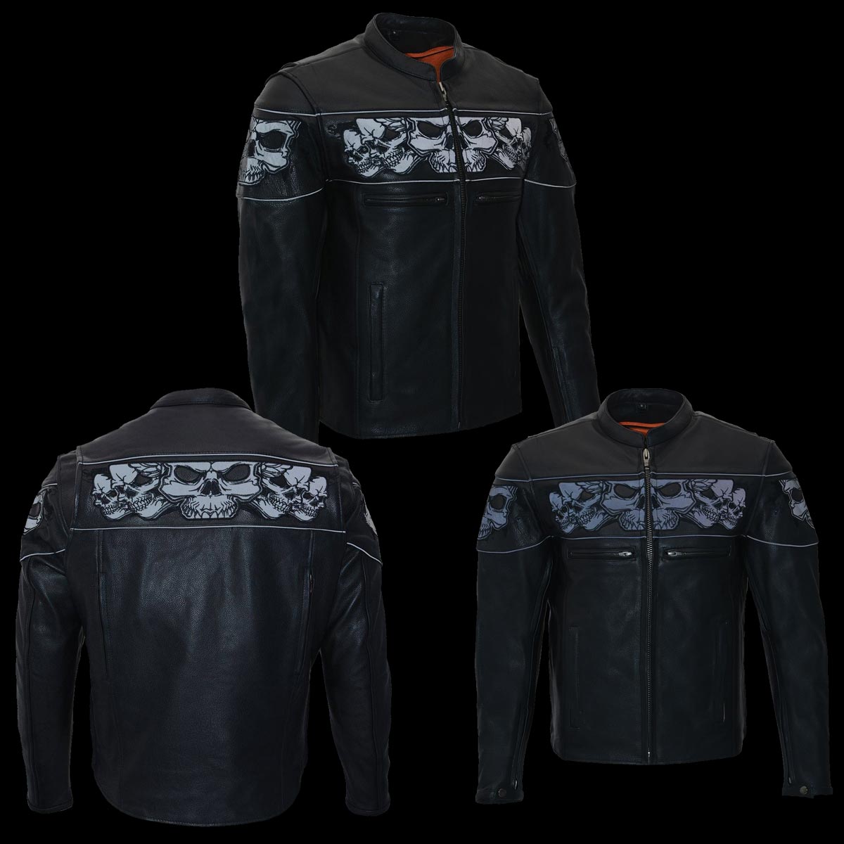 Milwaukee Leather MLM1501 Men's Reflective Skulls Premium Black Leather Motorcycle Jacket w/ Cool-Tec Treatement
