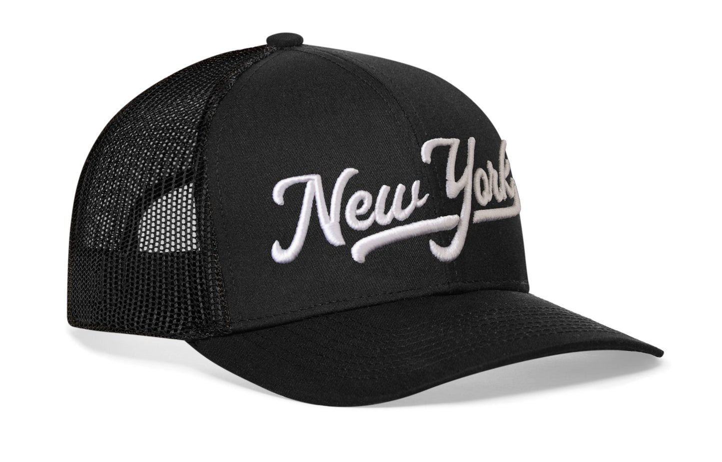 New York City White Script Trucker Hat | NY Snapback