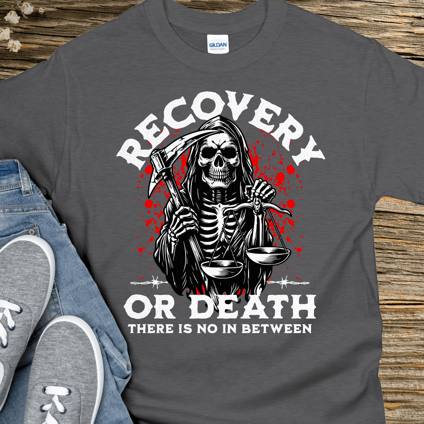 Recovery T-Shirt | Inspiring Sobriety | Recovery Or Death (Grim Reaper)