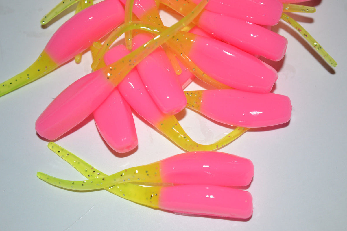 Cam's 2" Stinger Shad 35pc Pink and Chartreuse Grubs Crappie Soft Jigs