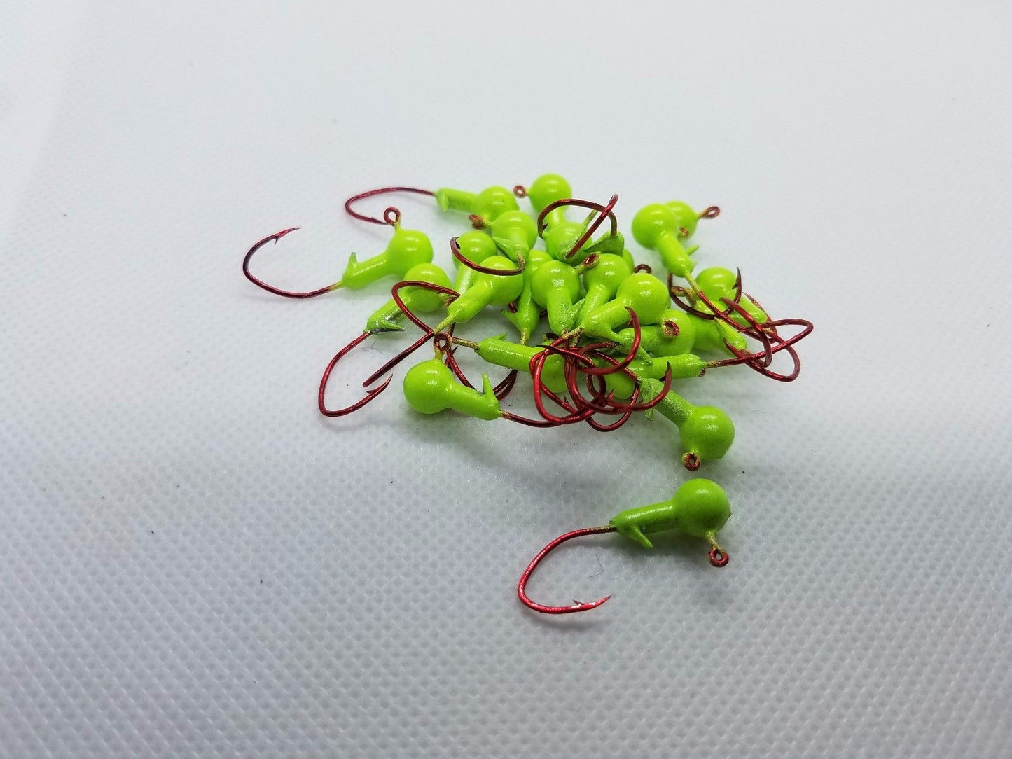35 pk. 1/16 oz. Cam's Chartreuse Painted Jigs with Collar and #2 Red Chrome "NASTY BEND HOOK"