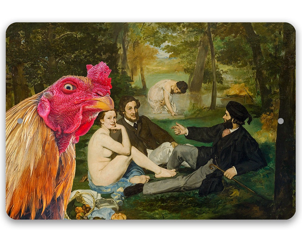 The Luncheon on the Grass Painting - Interrupted by Rooster - Metal Sign