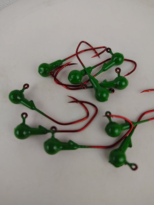 25ct.- 1/16oz. Painted Cam's DIESEL BUILT John Deere Green w/ 1/0 Deadly Blood Hooks (Chemically Sharpened)