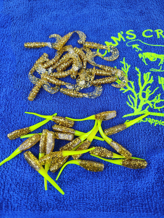 Cam's 2"(HOLOGRAM FLAKE) MR OCTOBER GOLD/GOLDFINGER 100pc (SPLIT SET) Curly Tail Crappie Soft Jigs [A Cam's Exclusive