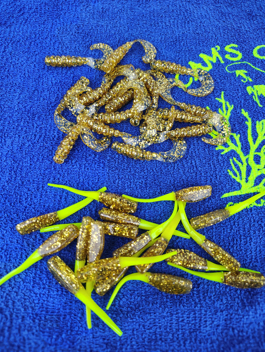 Cam's 2"(HOLOGRAM FLAKE) MR OCTOBER GOLD/GOLDFINGER 100pc (SPLIT SET) Curly Tail Crappie Soft Jigs [A Cam's Exclusive