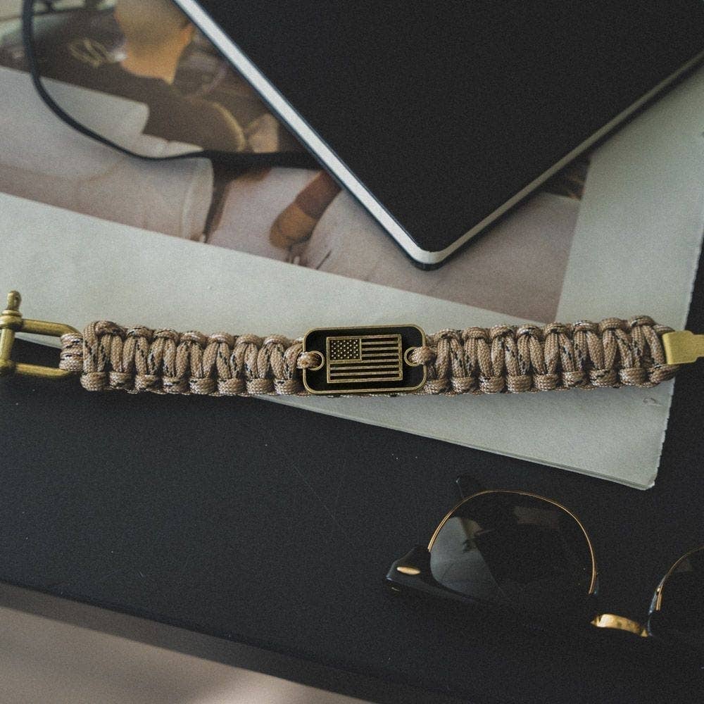 The Hero Company- Desert Camo Paracord Bronze Flag Bracelet - Helps Pair Veterans With A Service Dog Or Shelter Dog