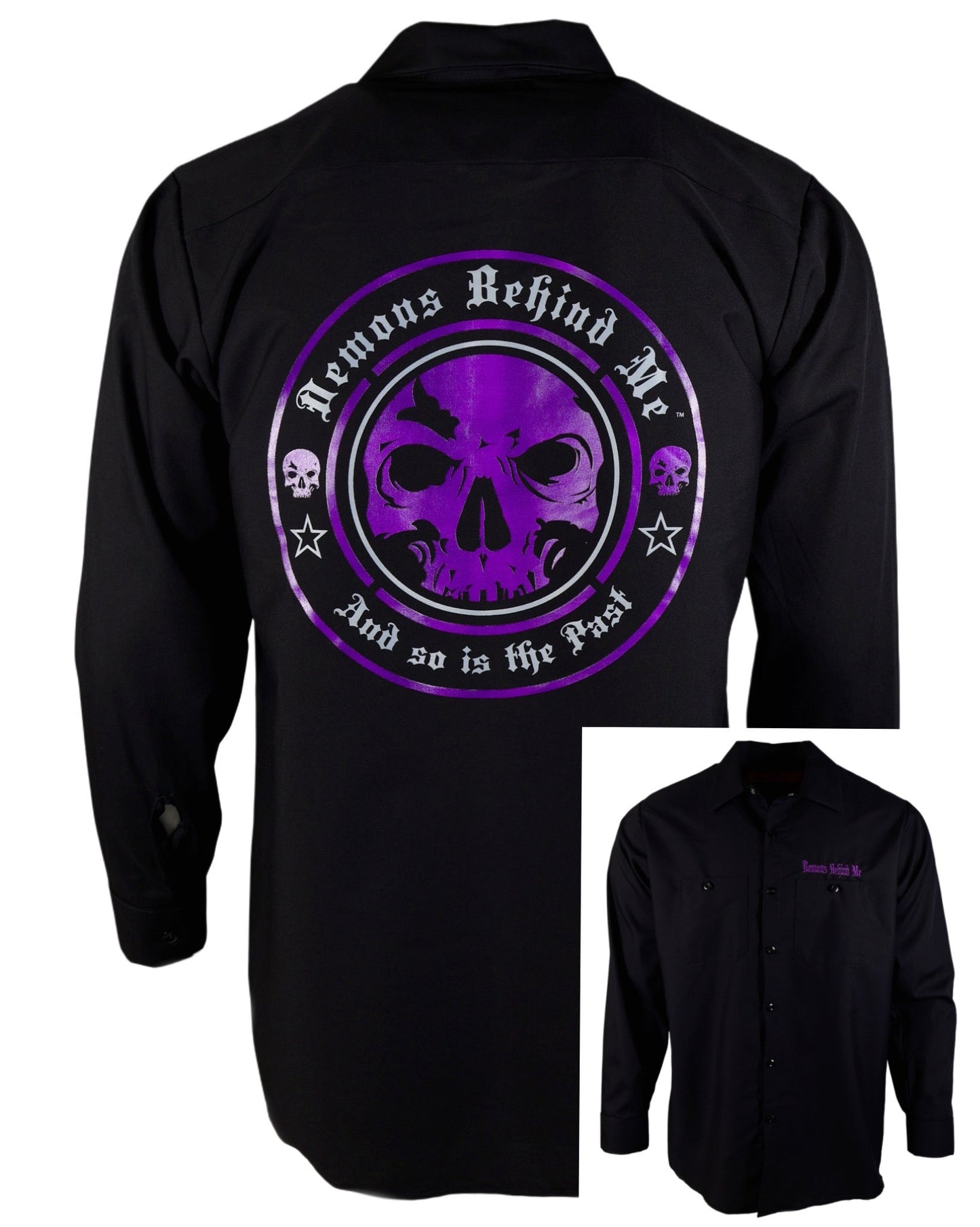 Closeout - Men's Long Sleeve Black Embroidered Shop Shirt - Purple Logo