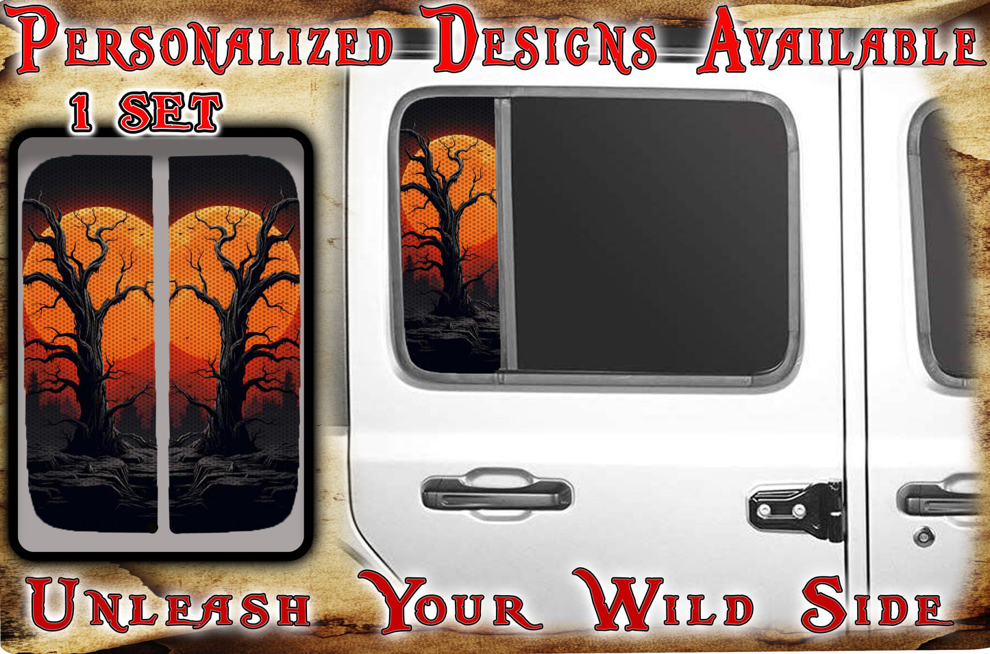 Side door window decal Creepy orange tree 183