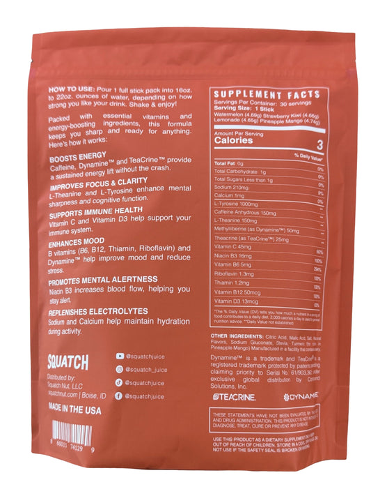 Squatch Juice Energy + Focus - 30 Sticks - Pineapple/Mango, Watermelon, Lemonade, Strawberry/Kiwi