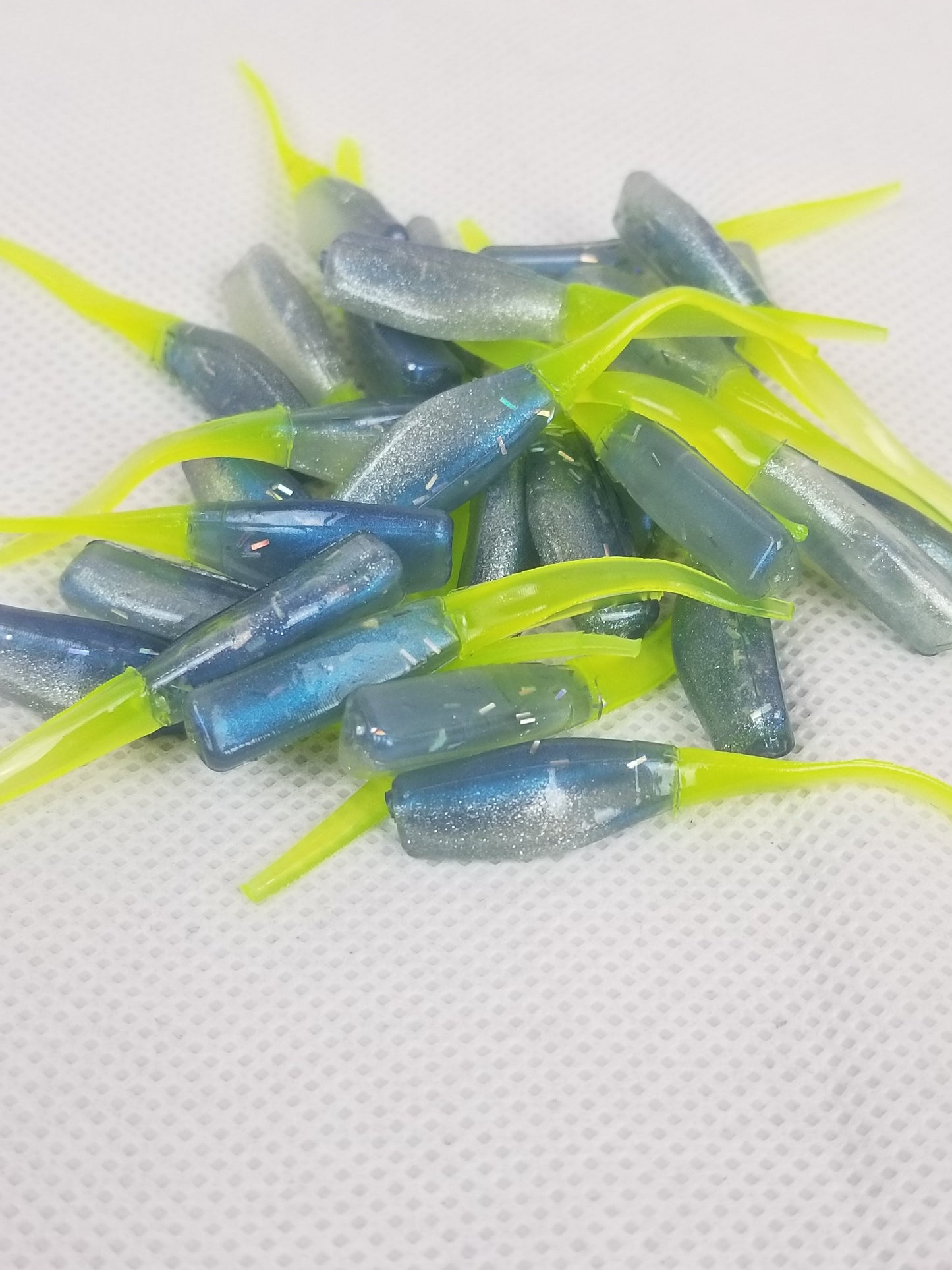 Cam's 2"(HOLOGRAM FLAKE)  Stinger Shad 35 pc Spring Blue Ice & Chartreuse Tail Crappie Soft Jigs  [A Cam's Exclusive]