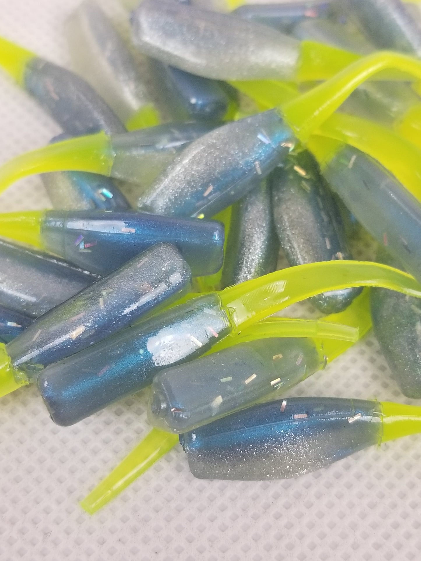 Cam's 2"(HOLOGRAM FLAKE)  Stinger Shad 35 pc Spring Blue Ice & Chartreuse Tail Crappie Soft Jigs  [A Cam's Exclusive]