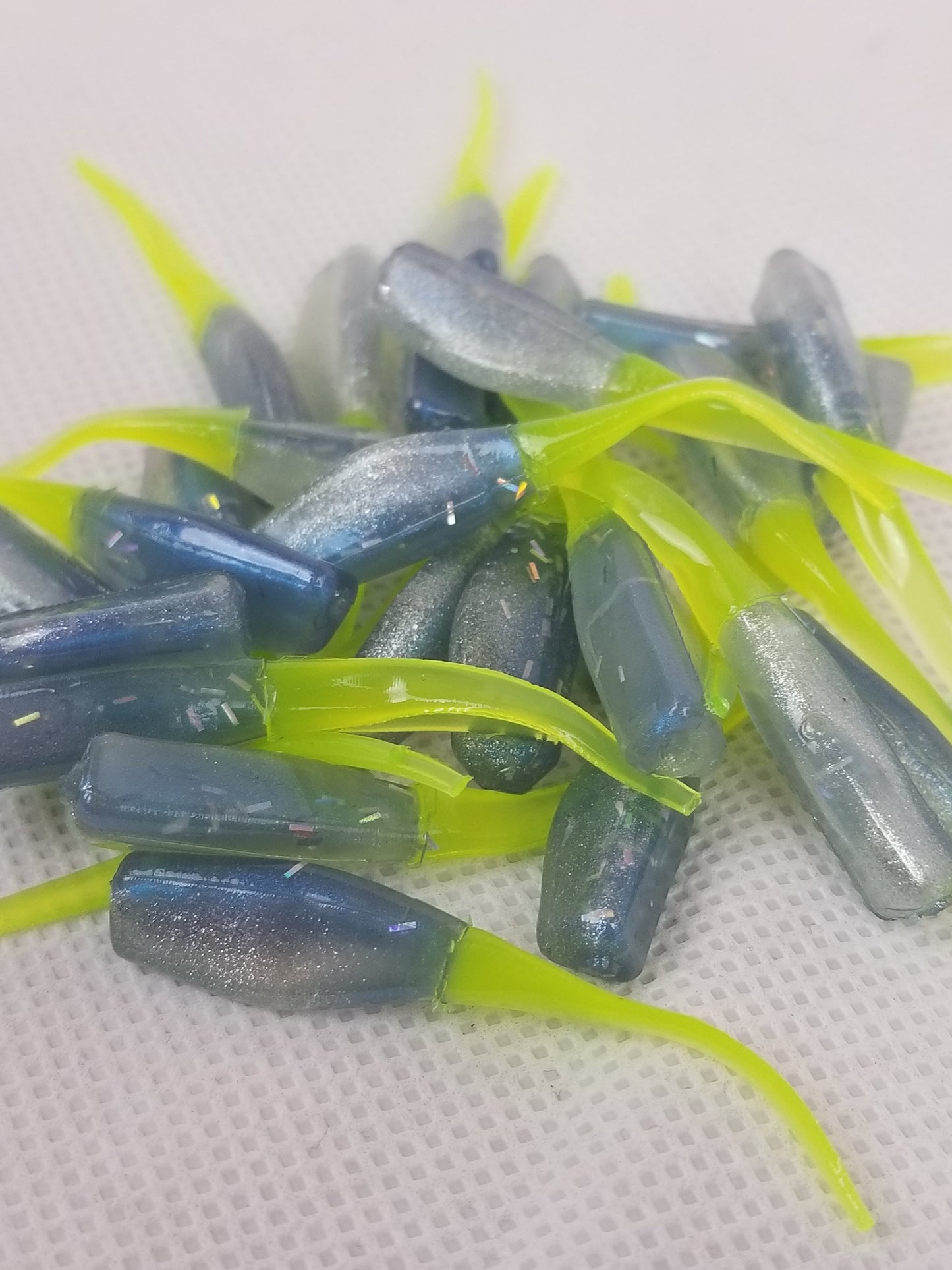 Cam's 2"(HOLOGRAM FLAKE)  Stinger Shad 35 pc Spring Blue Ice & Chartreuse Tail Crappie Soft Jigs  [A Cam's Exclusive]