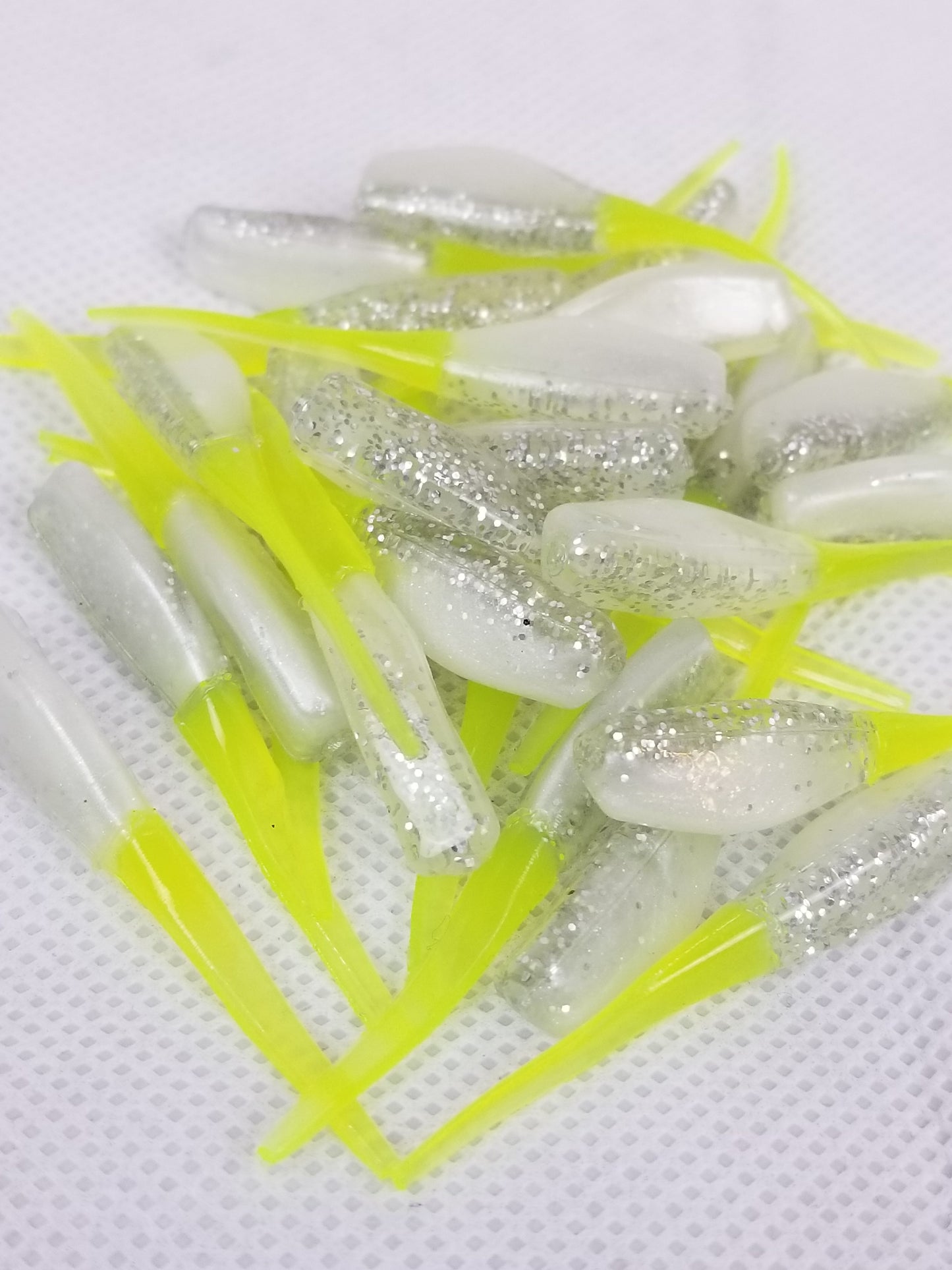 Cam's 2"(HOLOGRAM FLAKE)  Stinger Shad 35pc White Knight & Chartreuse Tail Crappie Soft Jigs [A Cam's Exclusive]