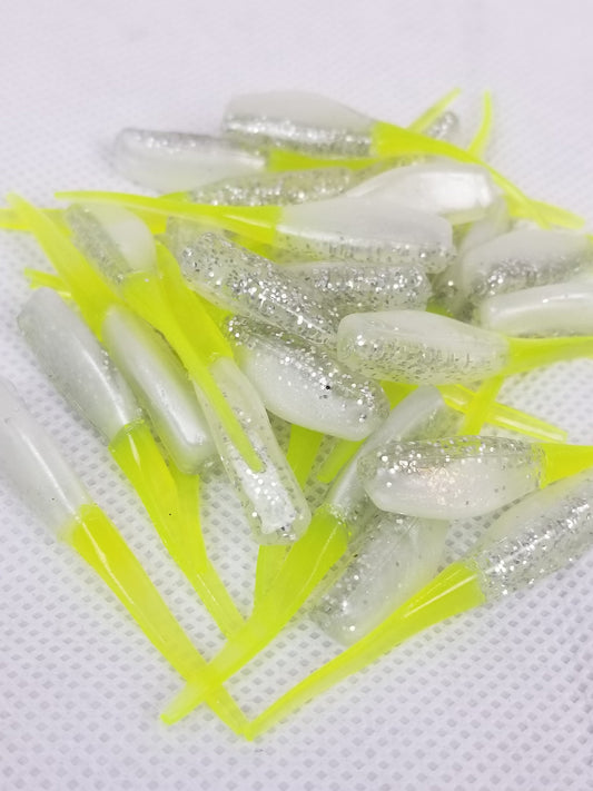 Cam's 2"(HOLOGRAM FLAKE)  Stinger Shad 35pc White Knight & Chartreuse Tail Crappie Soft Jigs [A Cam's Exclusive]