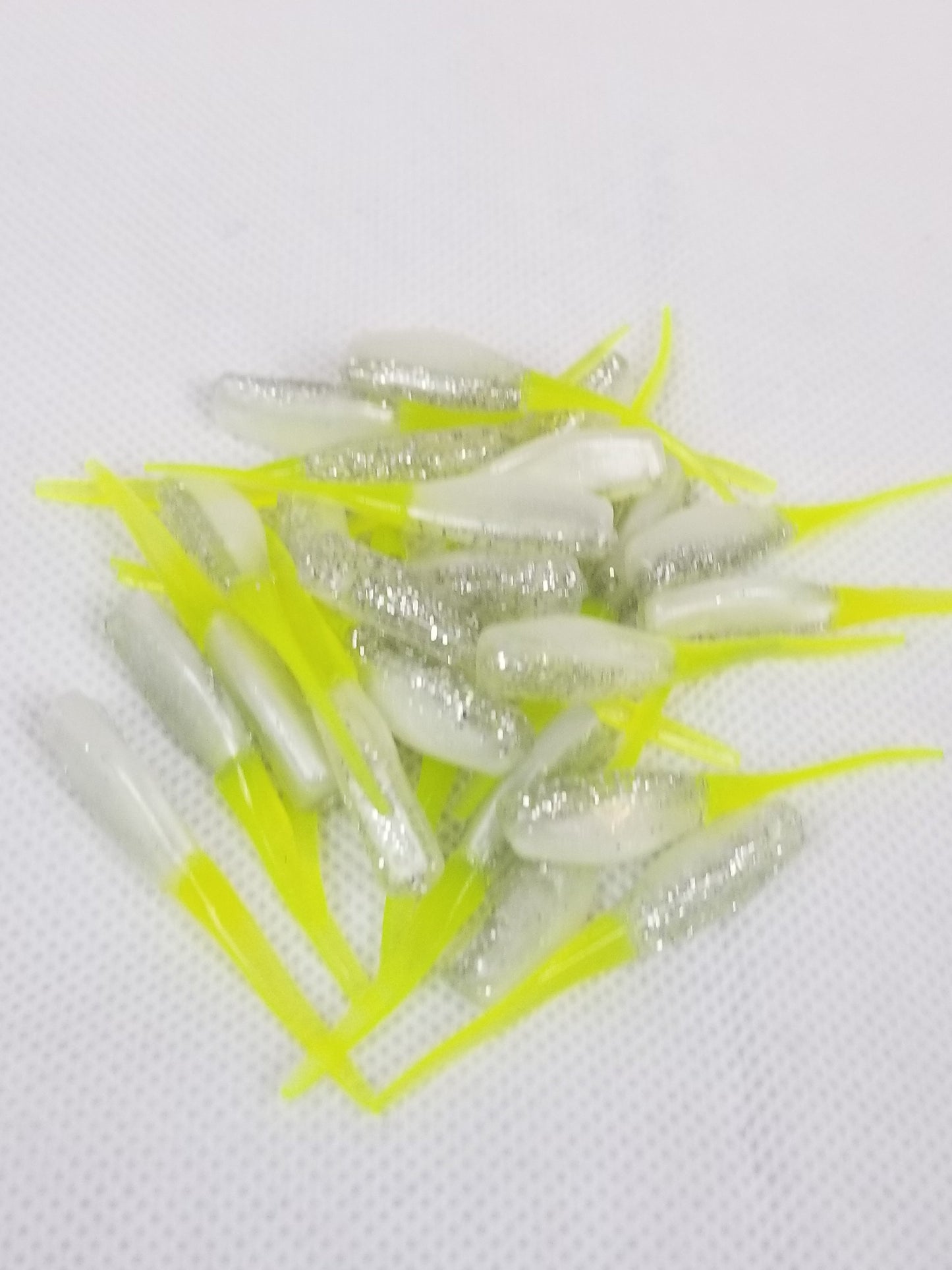 Cam's 2"(HOLOGRAM FLAKE)  Stinger Shad 35pc White Knight & Chartreuse Tail Crappie Soft Jigs [A Cam's Exclusive]