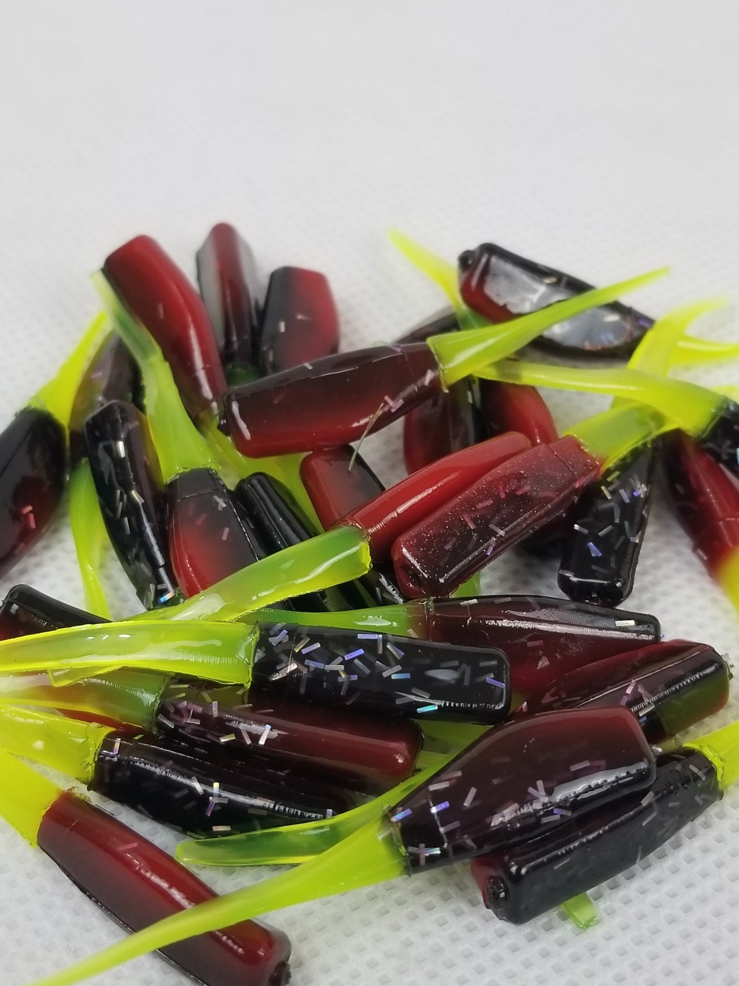 Cam's 2"(HOLOGRAM FLAKE)  Stinger Shad 35pc Red Black & Chartreuse Crappie Soft Jigs [A Cam's Exclusive]
