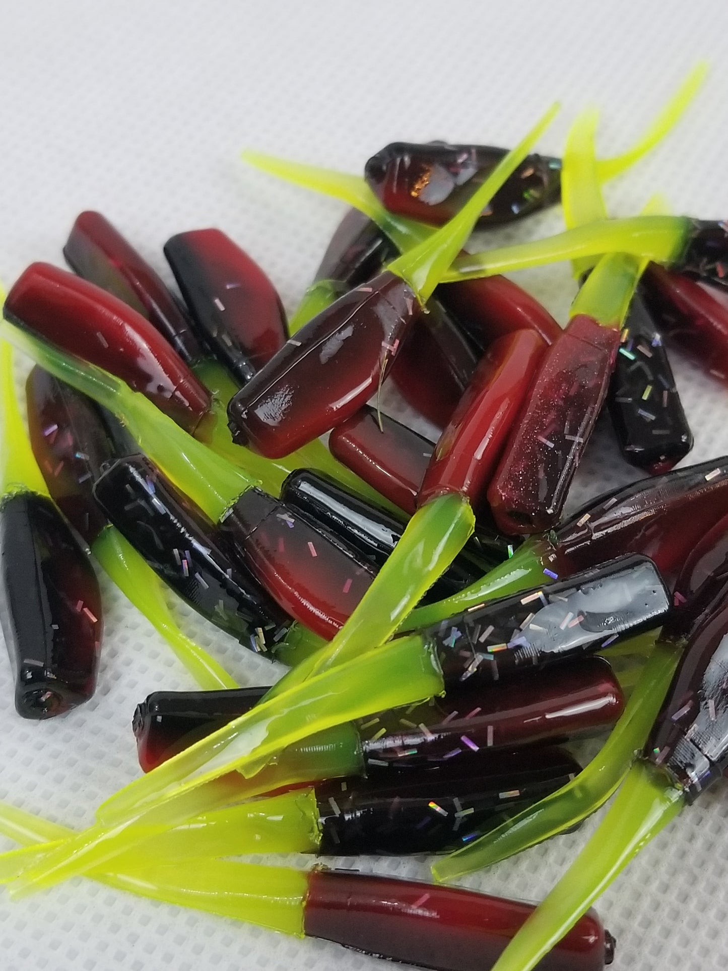 Cam's 2"(HOLOGRAM FLAKE)  Stinger Shad 35pc Red Black & Chartreuse Crappie Soft Jigs [A Cam's Exclusive]