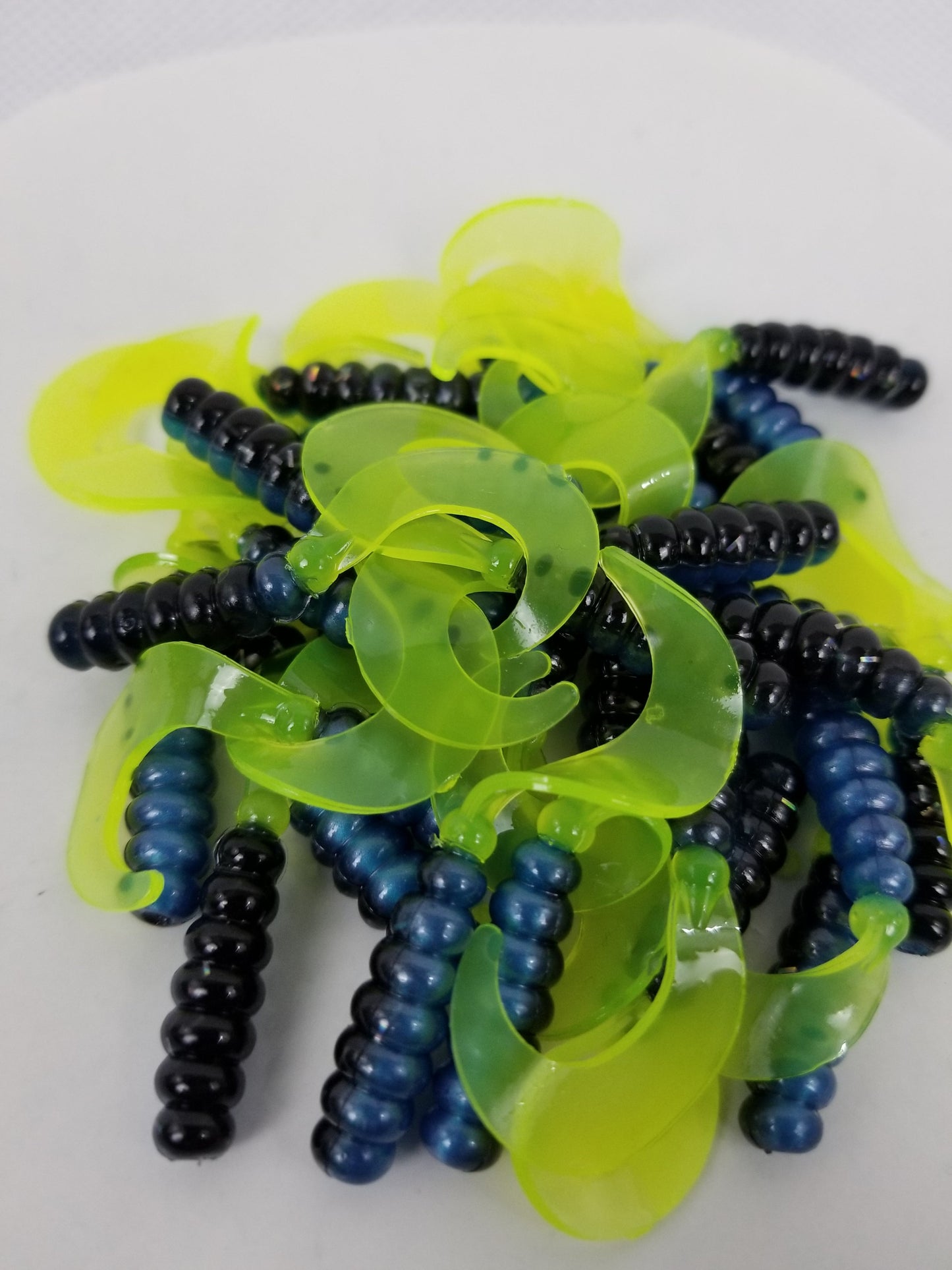 Cam's 2"(HOLOGRAM FLAKE)  Curly Tail Grub 35pc Blue Black & Chartreuse Curly Tail Crappie Soft Jigs  [A Cam's Exclusive]