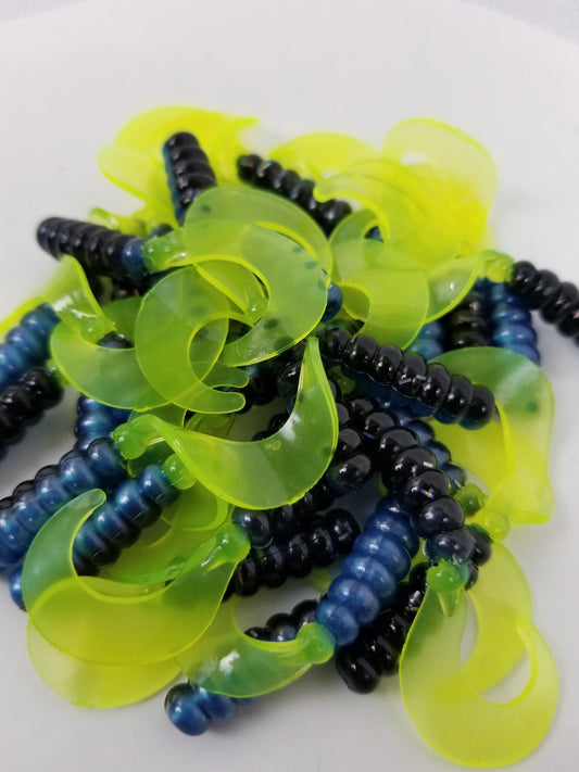 Cam's 2"(HOLOGRAM FLAKE)  Curly Tail Grub 35pc Blue Black & Chartreuse Curly Tail Crappie Soft Jigs  [A Cam's Exclusive]