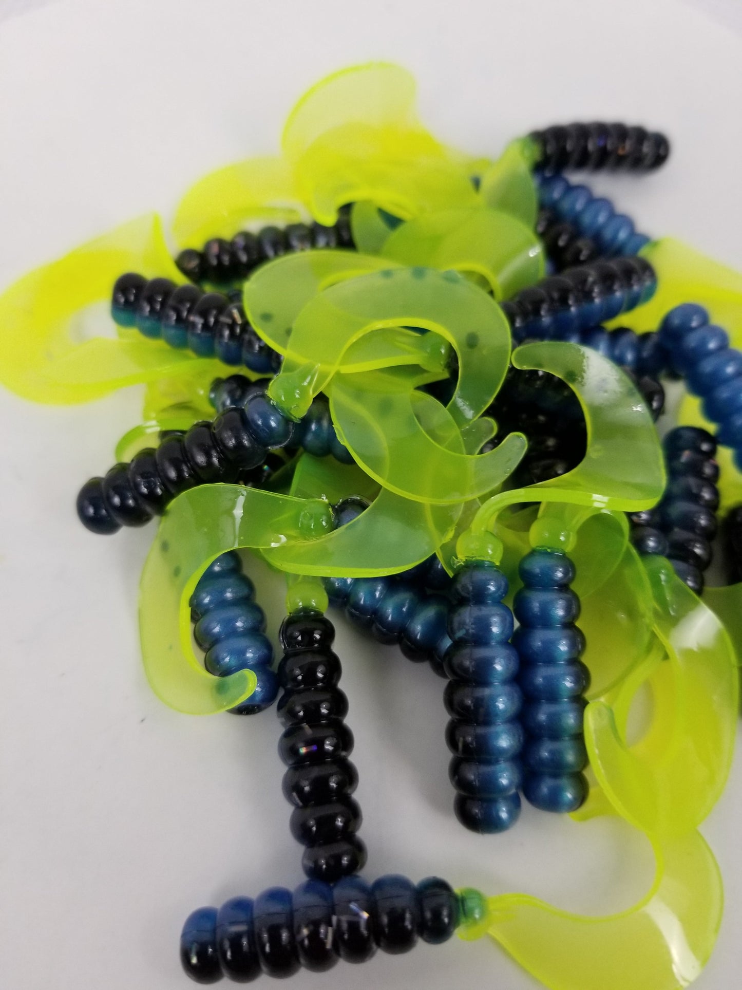 Cam's 2"(HOLOGRAM FLAKE)  Curly Tail Grub 35pc Blue Black & Chartreuse Curly Tail Crappie Soft Jigs  [A Cam's Exclusive]