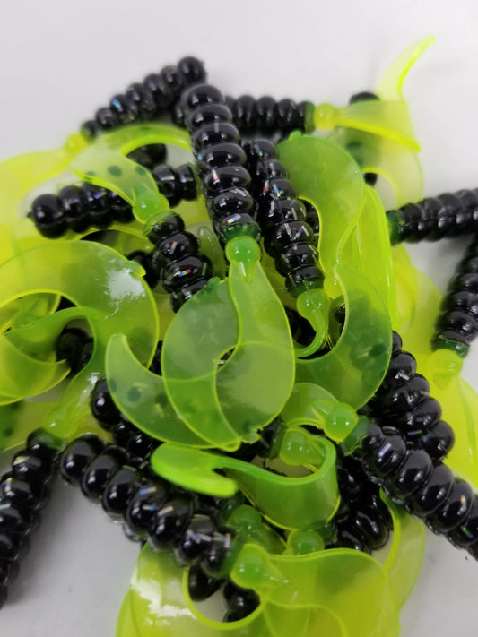 Cam's 2"(HOLOGRAM FLAKE)  Curly Tail Grub 35pc Black & Chartreuse Curly Tail Crappie Soft Jigs  [A Cam's Exclusive]