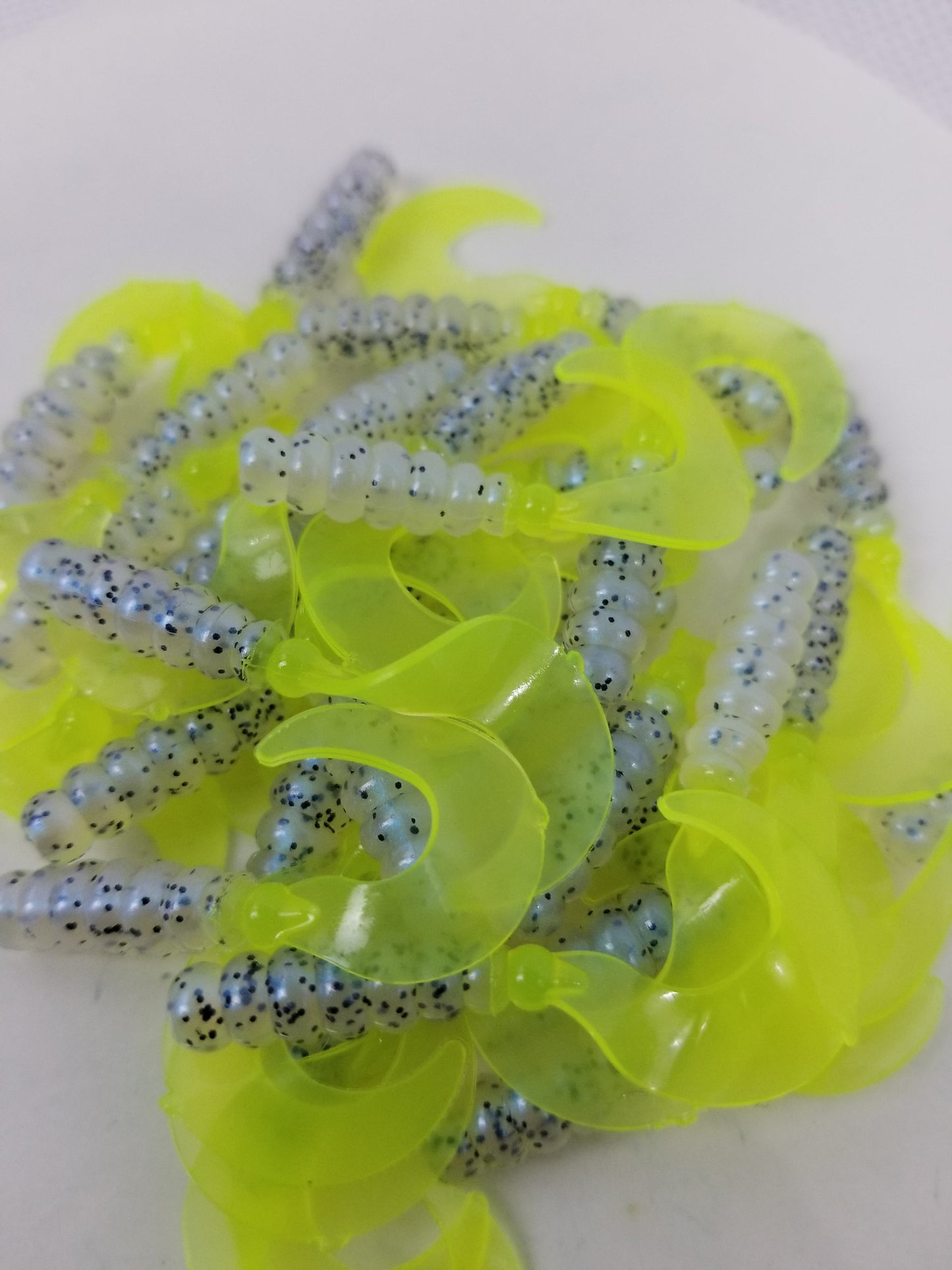 Cam's 2"(HOLOGRAM FLAKE)  Curly Tail Grub 35pc Monkey Milk & Chartreuse Curly Tail Crappie Soft Jigs  [A Cam's Exclusive]