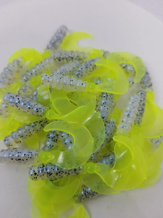 Cam's 2"(HOLOGRAM FLAKE)  Curly Tail Grub 35pc Monkey Milk & Chartreuse Curly Tail Crappie Soft Jigs  [A Cam's Exclusive]