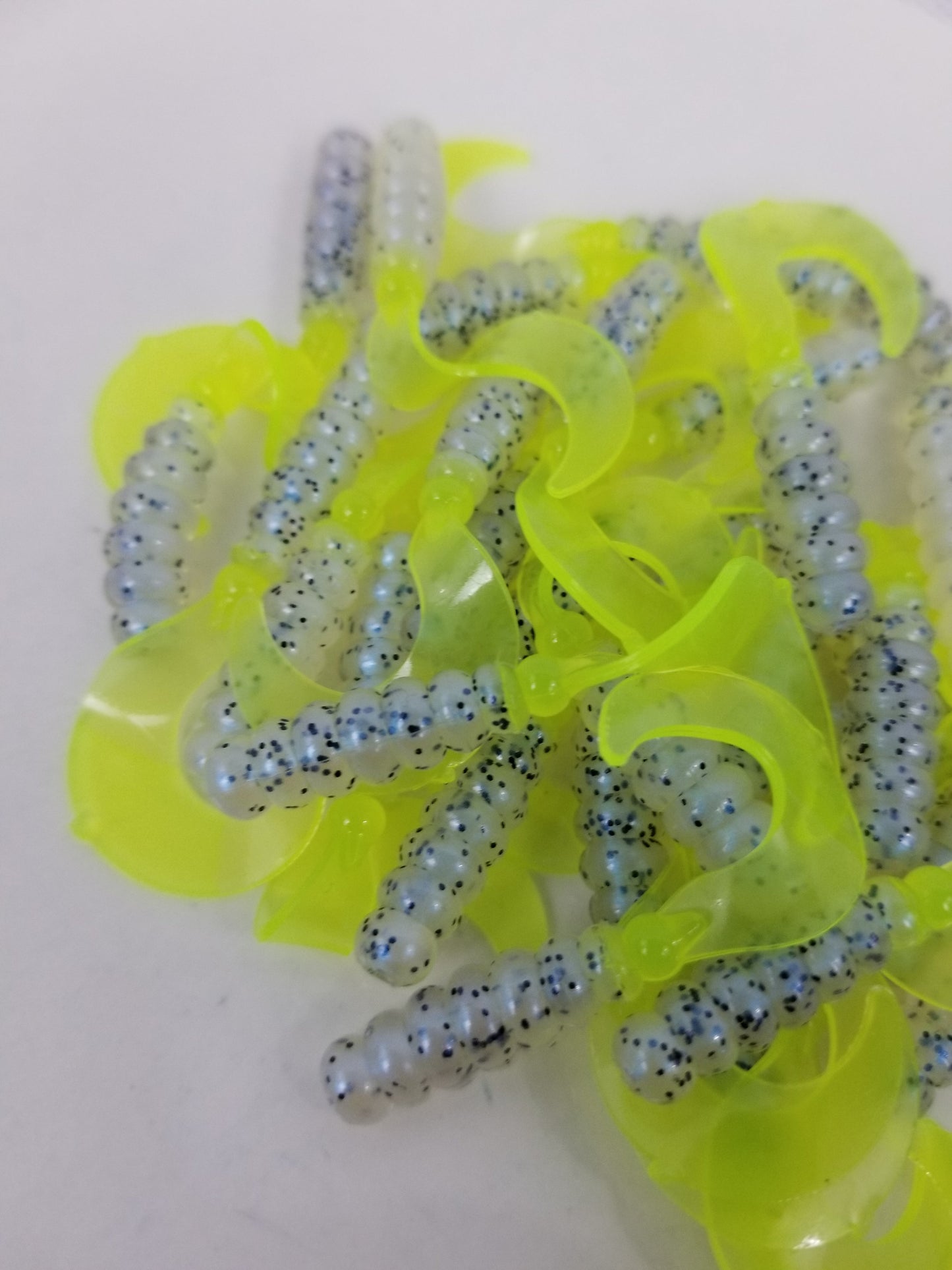 Cam's 2"(HOLOGRAM FLAKE)  Curly Tail Grub 35pc Monkey Milk & Chartreuse Curly Tail Crappie Soft Jigs  [A Cam's Exclusive]