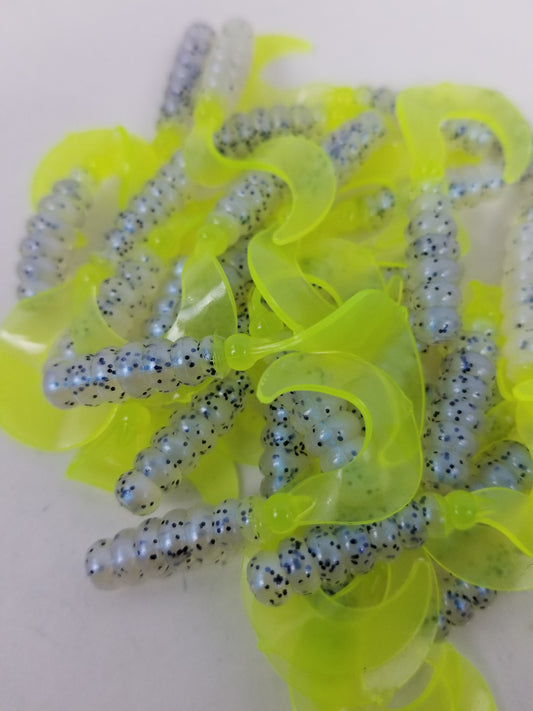 Cam's 2"(HOLOGRAM FLAKE)  Curly Tail Grub 35pc Monkey Milk & Chartreuse Curly Tail Crappie Soft Jigs  [A Cam's Exclusive]